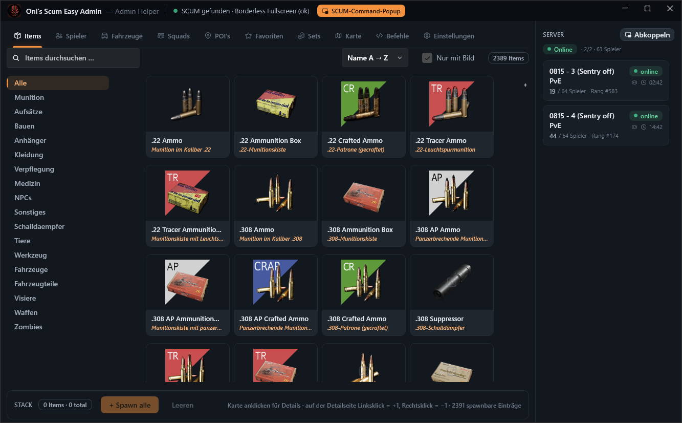 SEA Admin Helper – Items-Spawner mit über 2000 echten SCUM-Items, Bildern und Kategorien